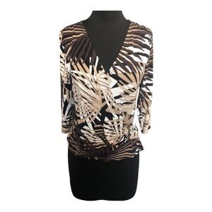 Liz Jordan Women's Abstract Brown and Cream V-Neck Top Buckle Detail Size S